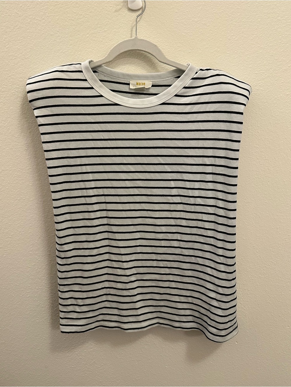 Maeve Black and White Striped Sleeveless Crewneck Top with defined shoulders